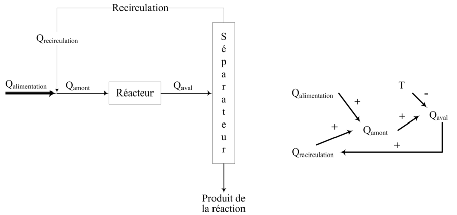 Figure 46 : Boucle de recyclage et son graphe orienté signé (Trave-Massuyes et al., 97)