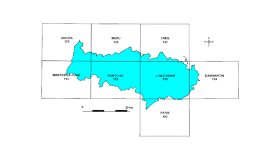 Figure E2 : Assemblage des huit cartes géologiques couvrant le département du Val-d'Oise