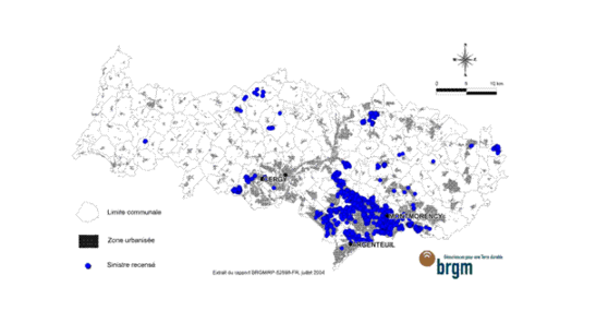 Figure E7 : Carte des zones urbanisées et des sinistres recensés Val d'Oise
