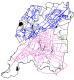 Compte tenu des différences d'altitude, l'exploitant a partagé sont réseau en deux zones (bas service en rose clair et haut service en bleu). Chaque zone connaît ces pressions comprises entre 2 et 5 bars. Les régulateurs abaissent la pression d'environ 5 bars.